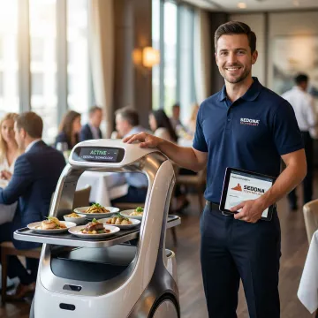 Modern service robot being deployed in a commercial environment by a technician