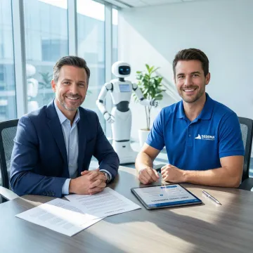 Business owner consulting with a robotics technician about robot leasing options