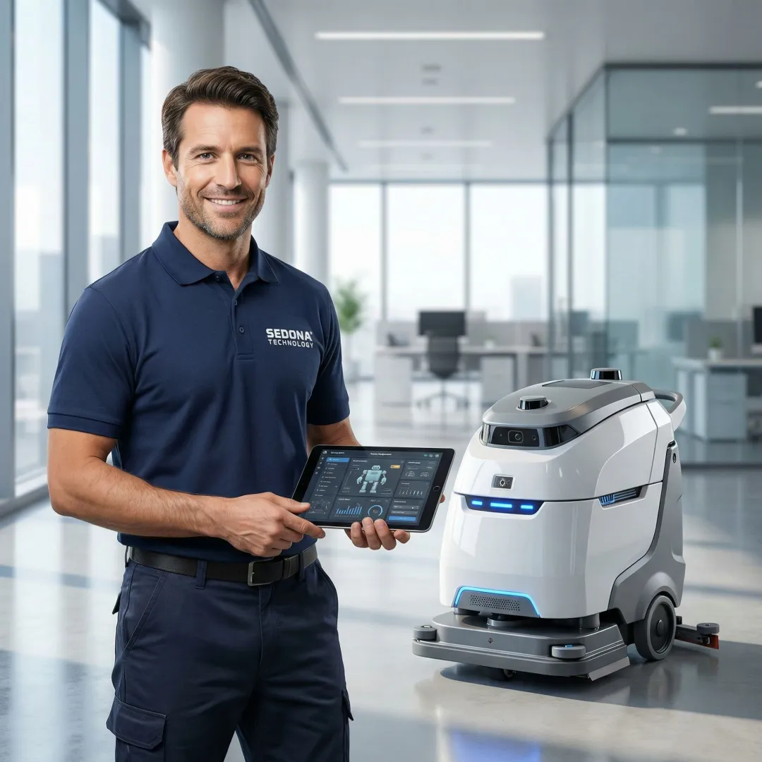 Technician setting up a robotic floor cleaning machine in a commercial building
