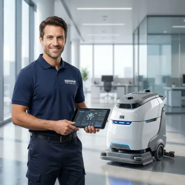 Technician setting up a robotic floor cleaning machine in a commercial building