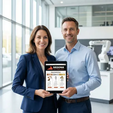 Business owner reviewing robot rental options with a Sedona Technology consultant