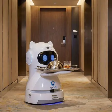Autonomous hotel delivery robot navigating a corridor to deliver room service to a guest room