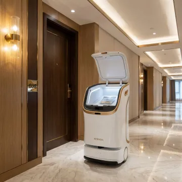 Hotel delivery robot with secure compartment open outside a guest room door