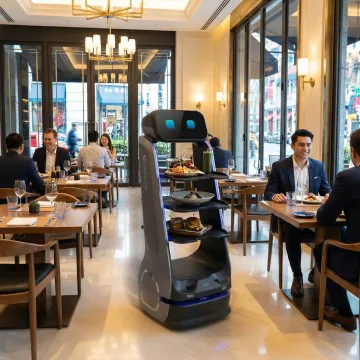 Autonomous food delivery robot navigating a busy restaurant floor carrying dishes
