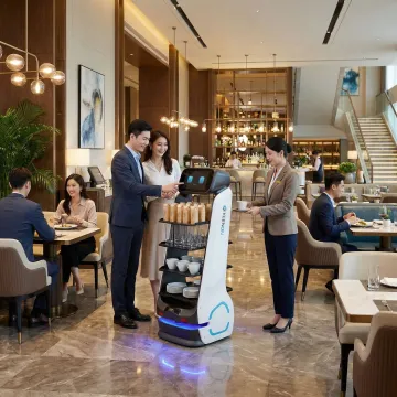 Service robot assisting customers in a modern commercial environment