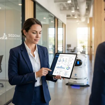 Business owner reviewing robot performance data on a tablet in a modern facility