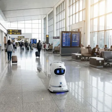 KLEENBOT autonomous scrubber cleaning wide airport concourse floor