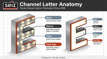 Channel letter anatomy diagram showing back return face and trim cap