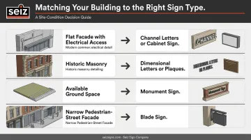 Four-scenario building site sign type selection decision guide infographic