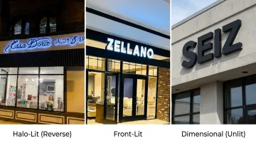 Three channel letter sign variants front-lit halo-lit and unlit on building facade