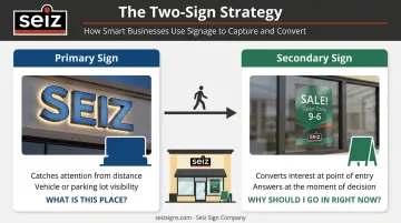 Two-sign storefront strategy diagram showing primary and secondary sign placement roles