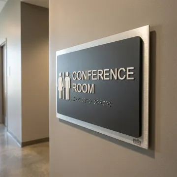 Close-up of an ADA compliant braille sign for a restroom.