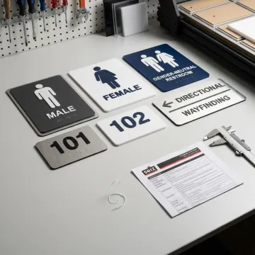 A series of ADA braille signs ready for installation at a facility.