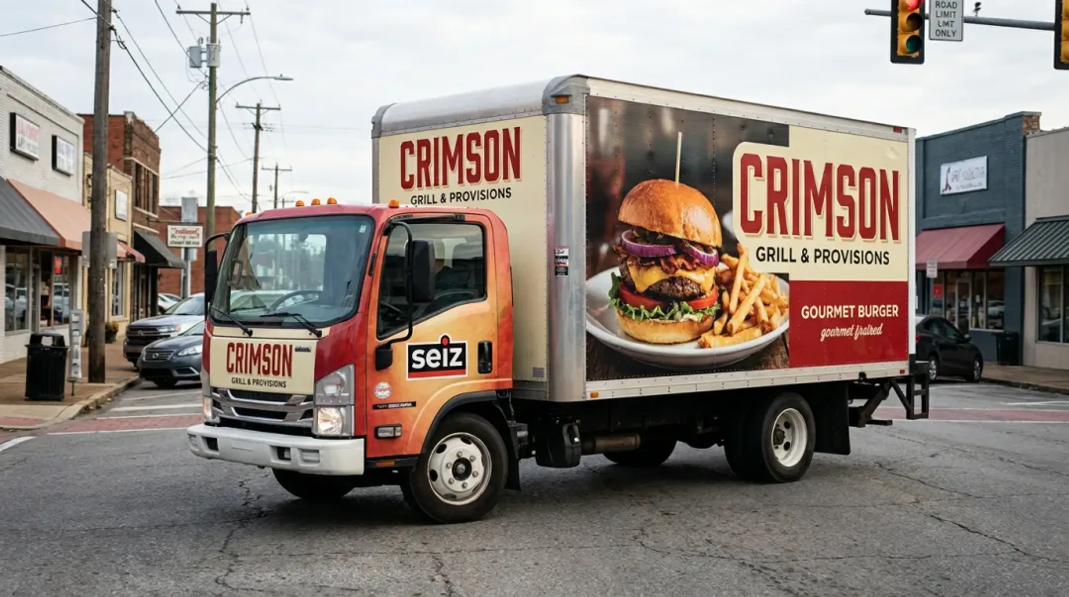 Food delivery box truck with custom wrap graphics