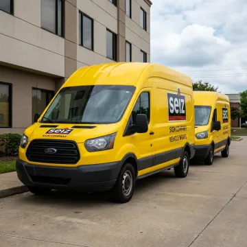 Commercial service fleet vehicles with yellow vinyl wraps