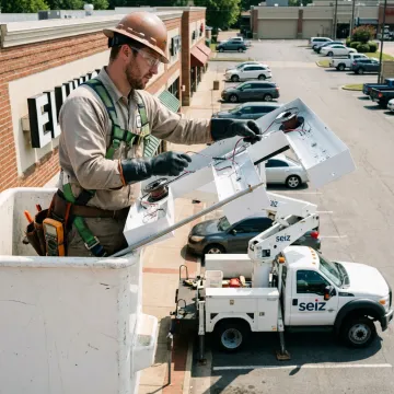 Technician repairing a lighted business sign