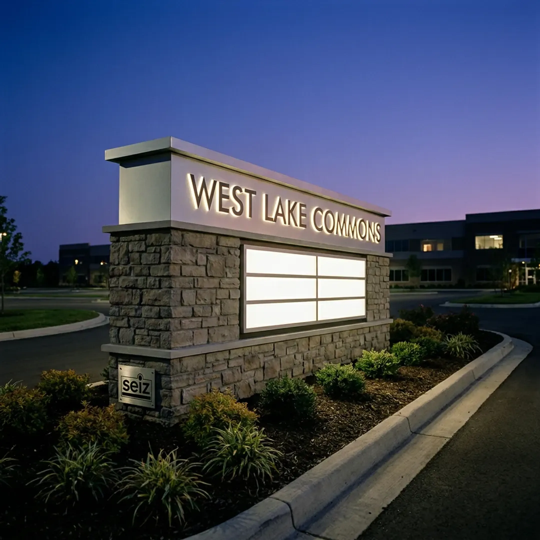 Office park with illuminated monument sign