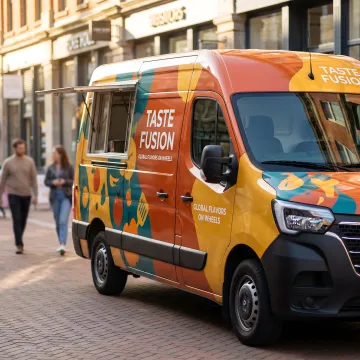 A brightly colored custom-wrapped food truck serving customers on a sunny day.