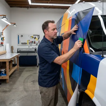Professional applying a custom vehicle wrap to a white commercial van.