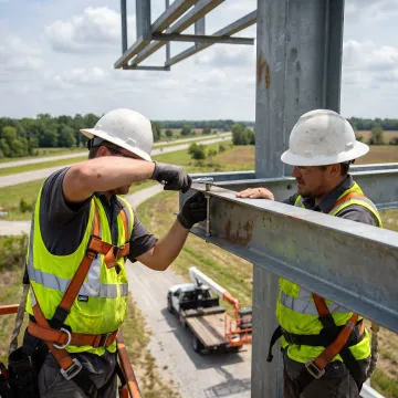 A team of installers working on a billboard structure.