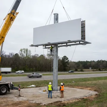 A large, newly installed billboard on a highway in Arkansas.