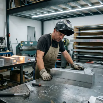 A skilled technician fabricating a custom commercial channel letter sign in a workshop.