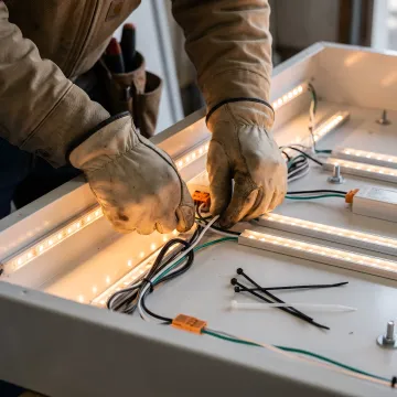 A detailed view of a technician's hands repairing the wiring of an LED sign.
