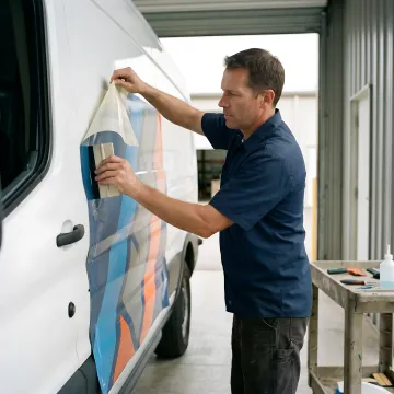 A skilled technician applying a vinyl wrap to a van in a clean workshop.