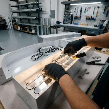 A close-up of an electrician's hands repairing the wiring inside a commercial sign.