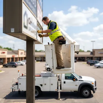 A technician in a bucket truck performing maintenance on a large commercial pylon sign.