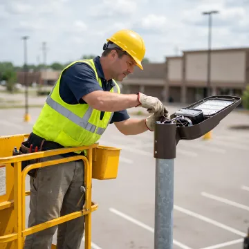 Technician in a bucket truck working on a parking lot light pole.