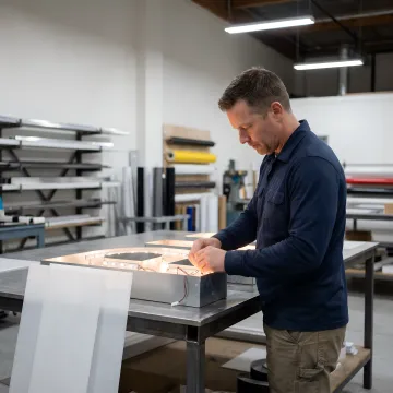 A sign maker assembling a custom business sign in a workshop.