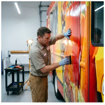 Vibrant food truck wrap with custom graphics being applied by a professional.