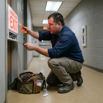 Technician testing emergency exit lighting