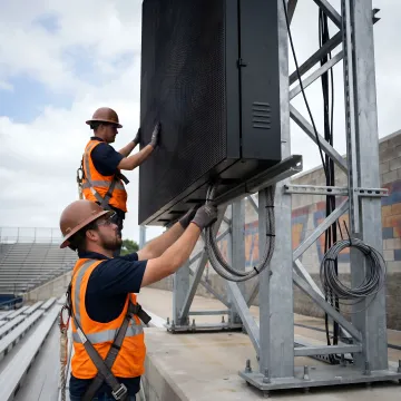 Technicians working on the installation of a large digital scoreboard.