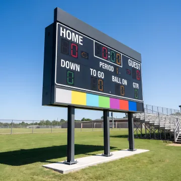 A new digital scoreboard installed at a high school football stadium.