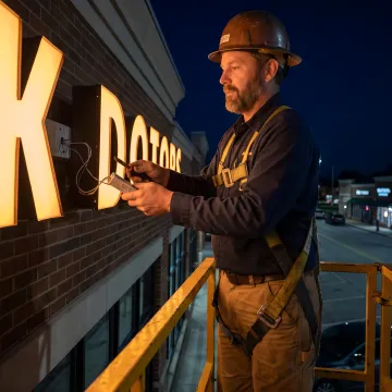 Technician in a bucket truck performing emergency repairs on a commercial sign at dusk.