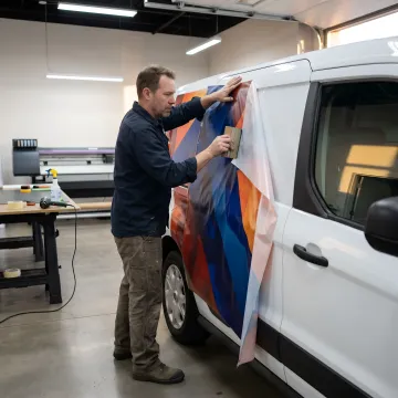 Custom vehicle wrap installation on a branded work van