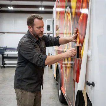 Technician carefully applying a custom vinyl wrap to a food truck.