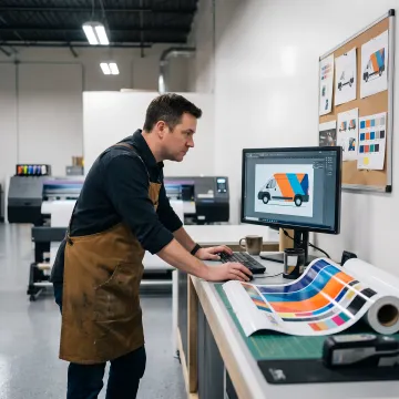 Designer reviewing vehicle wrap artwork before production