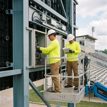 Technicians working on the wiring of a large school scoreboard.