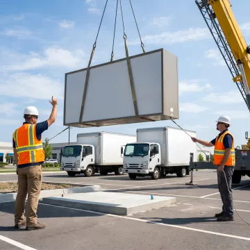 A team of technicians using a crane to install a large commercial pole sign.