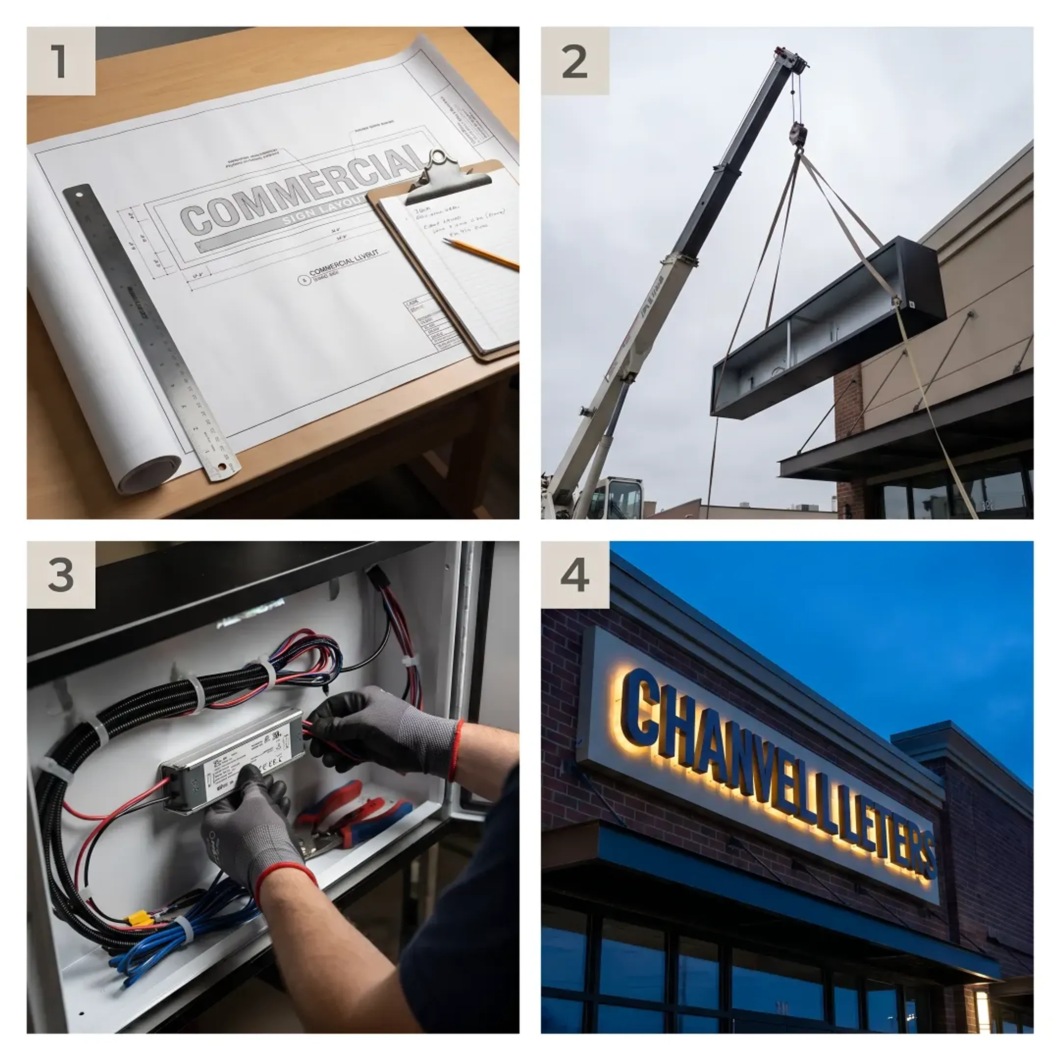 A diagram illustrating the four-step process of electric sign installation, from survey to activation.