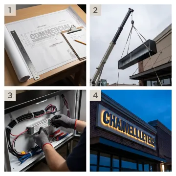 A diagram illustrating the four-step process of electric sign installation, from survey to activation.