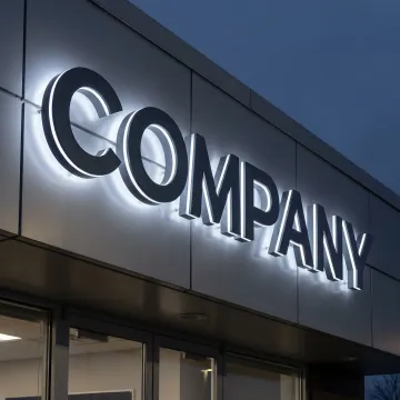 A brightly illuminated and fully restored commercial business sign at night.