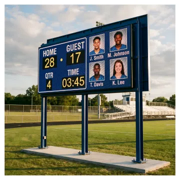 Modern digital scoreboard installed at a high school football stadium.