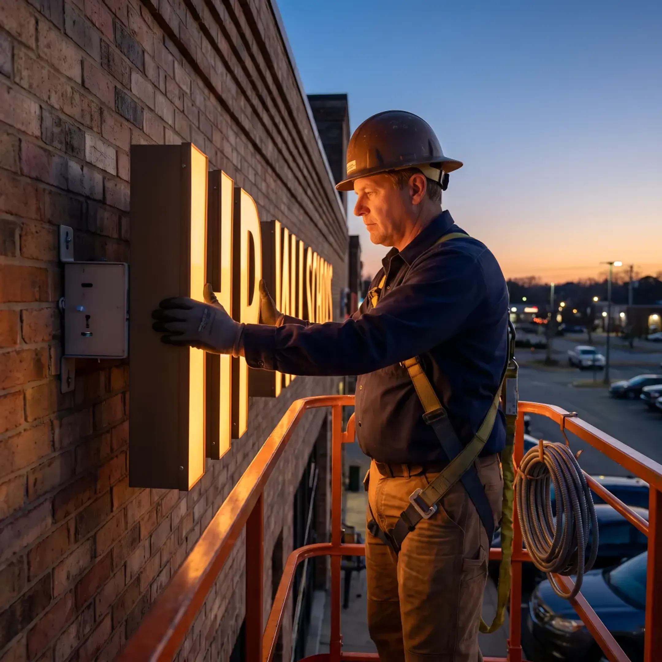 A professional technician in a bucket truck installing a large illuminated channel letter sign on a commercial building.