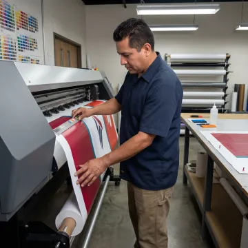Custom vinyl banner printing in a sign shop