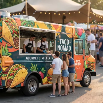 Vibrantly wrapped food truck serving customers at a sunny outdoor event.