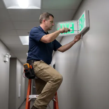 Technician repairing illuminated emergency exit sign